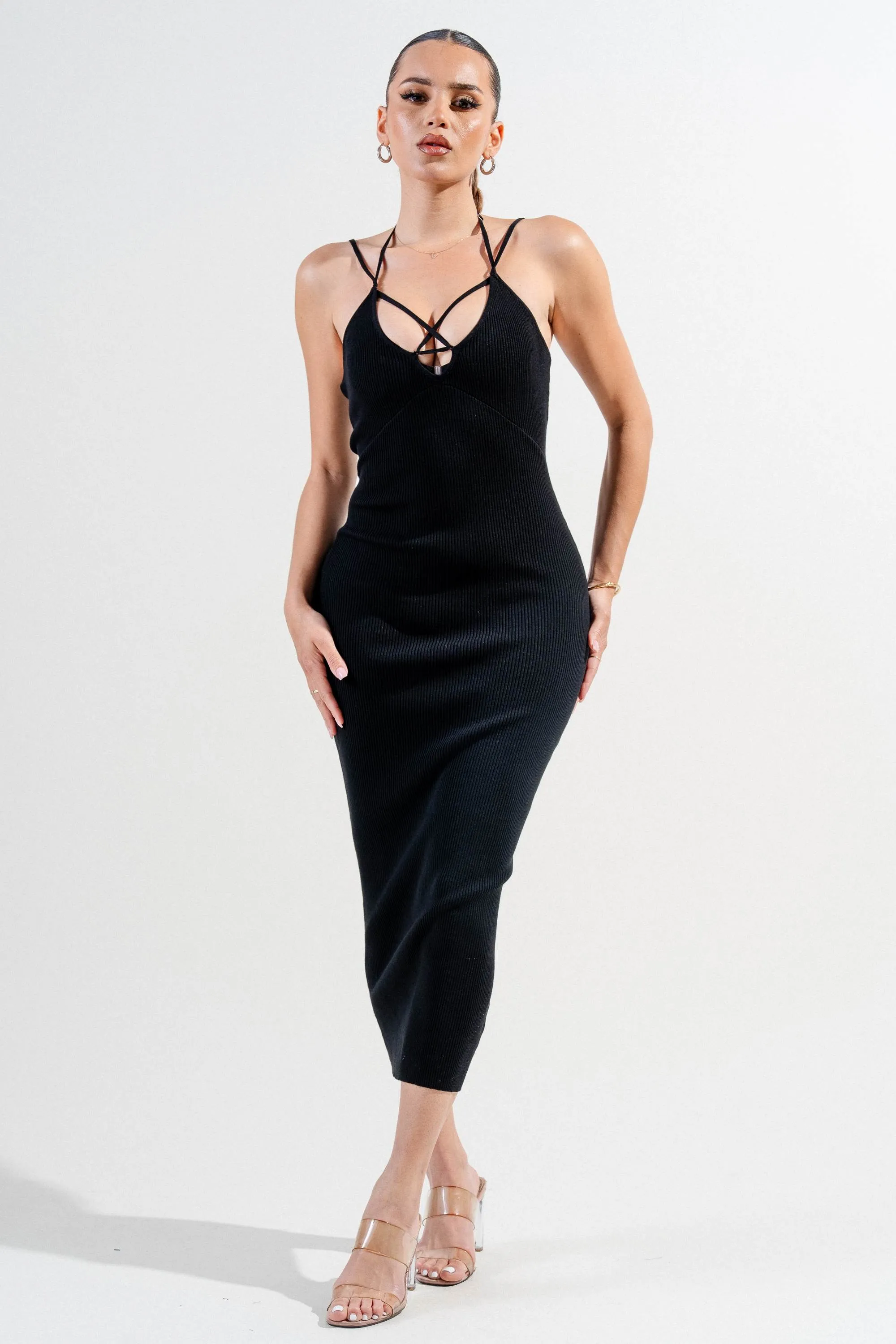 PDKS78612SST-W / RIB SWEATER STRIPE STRAP DETAIL CUT OUT WAIST MIDI DRESS