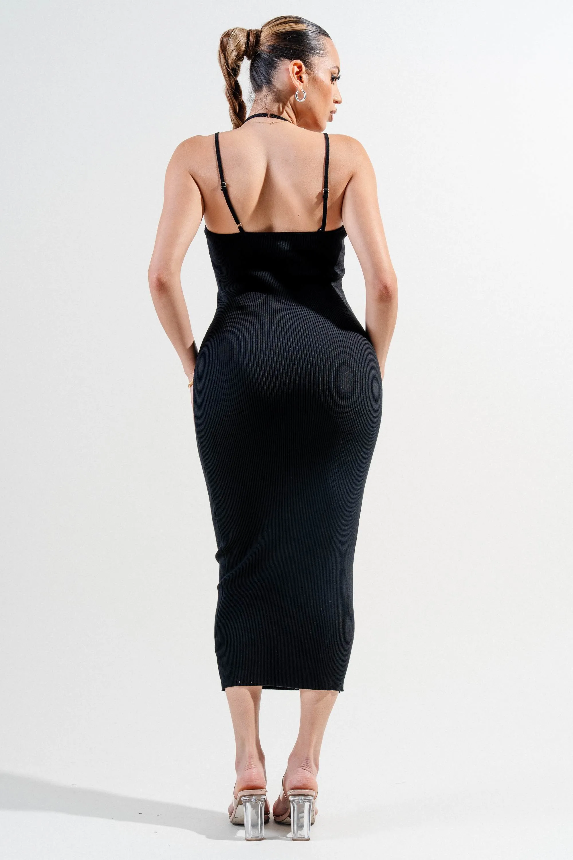 PDKS78612SST-W / RIB SWEATER STRIPE STRAP DETAIL CUT OUT WAIST MIDI DRESS