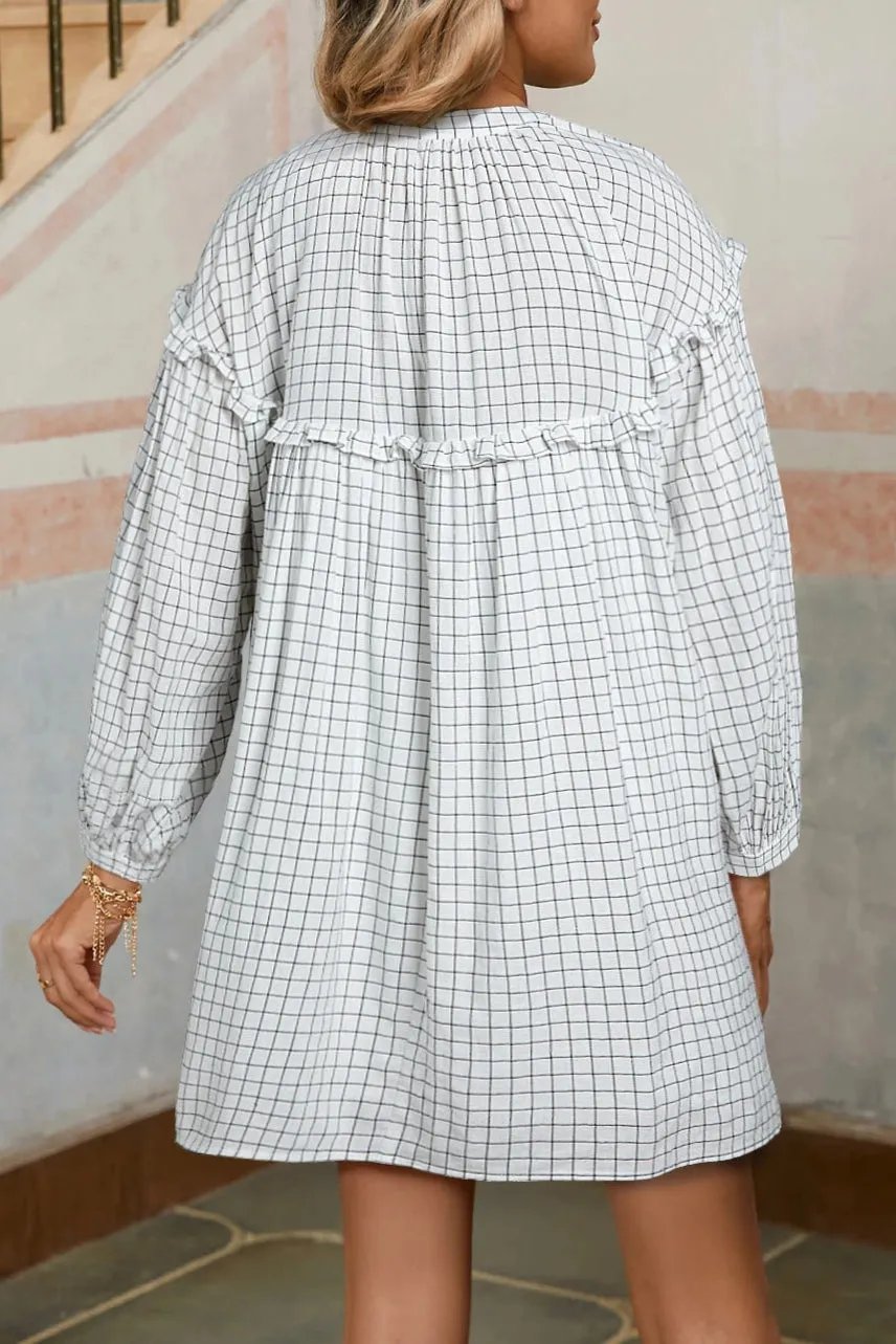 Plaid Frilled 3/4 Sleeve Babydoll Dress