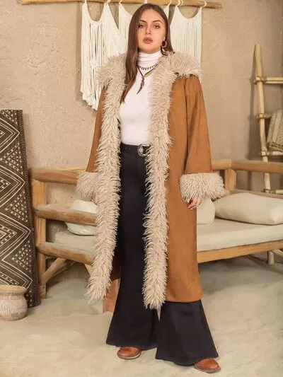 Plus Size Open Front Long Sleeve Coat in Caramel