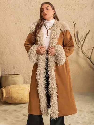 Plus Size Open Front Long Sleeve Coat in Caramel