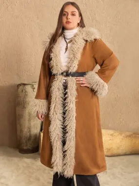 Plus Size Open Front Long Sleeve Coat in Caramel