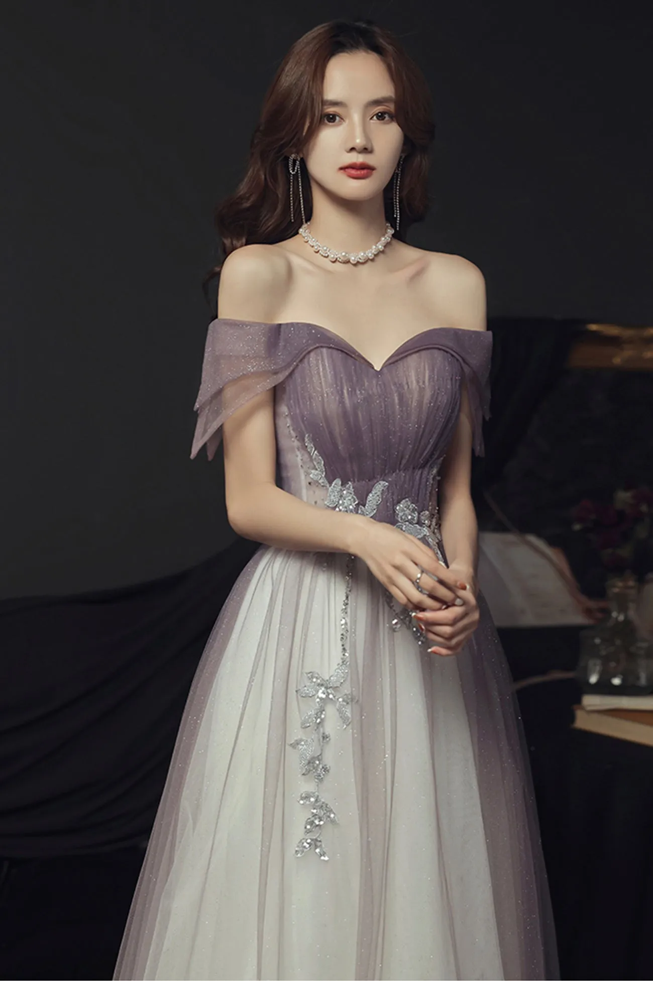 Purple Tulle Long A-Line Prom Dress, Off the Shoulder Evening Graduation Dress