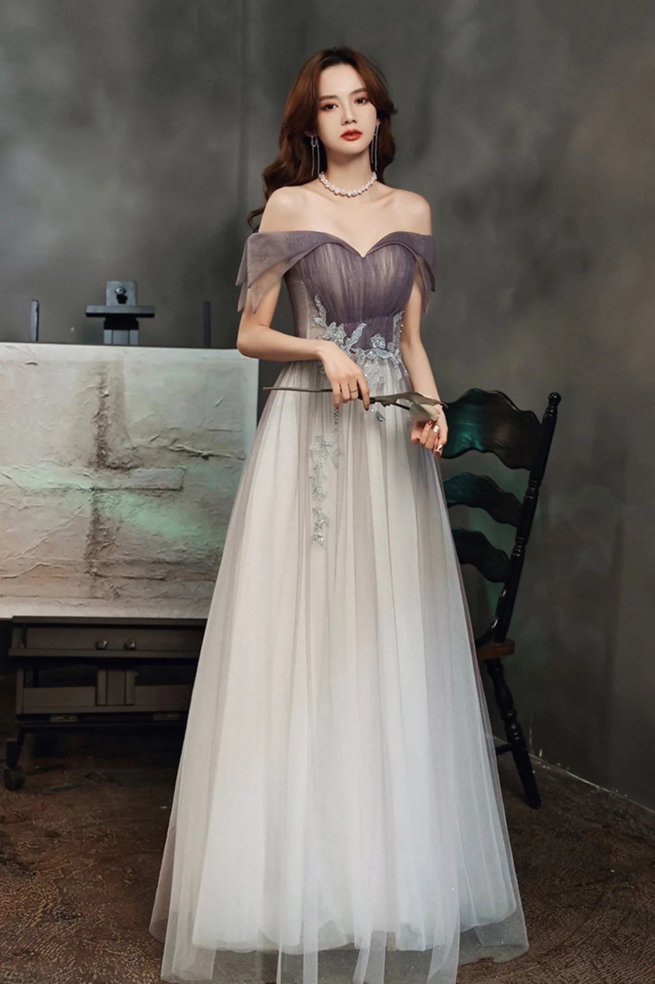 Purple Tulle Long A-Line Prom Dress, Off the Shoulder Evening Graduation Dress
