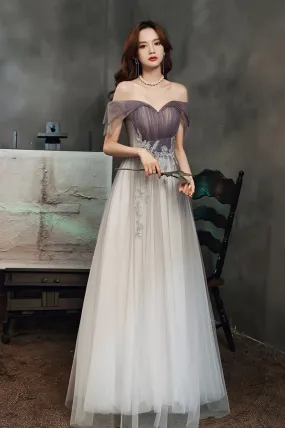 Purple Tulle Long A-Line Prom Dress, Off the Shoulder Evening Graduation Dress