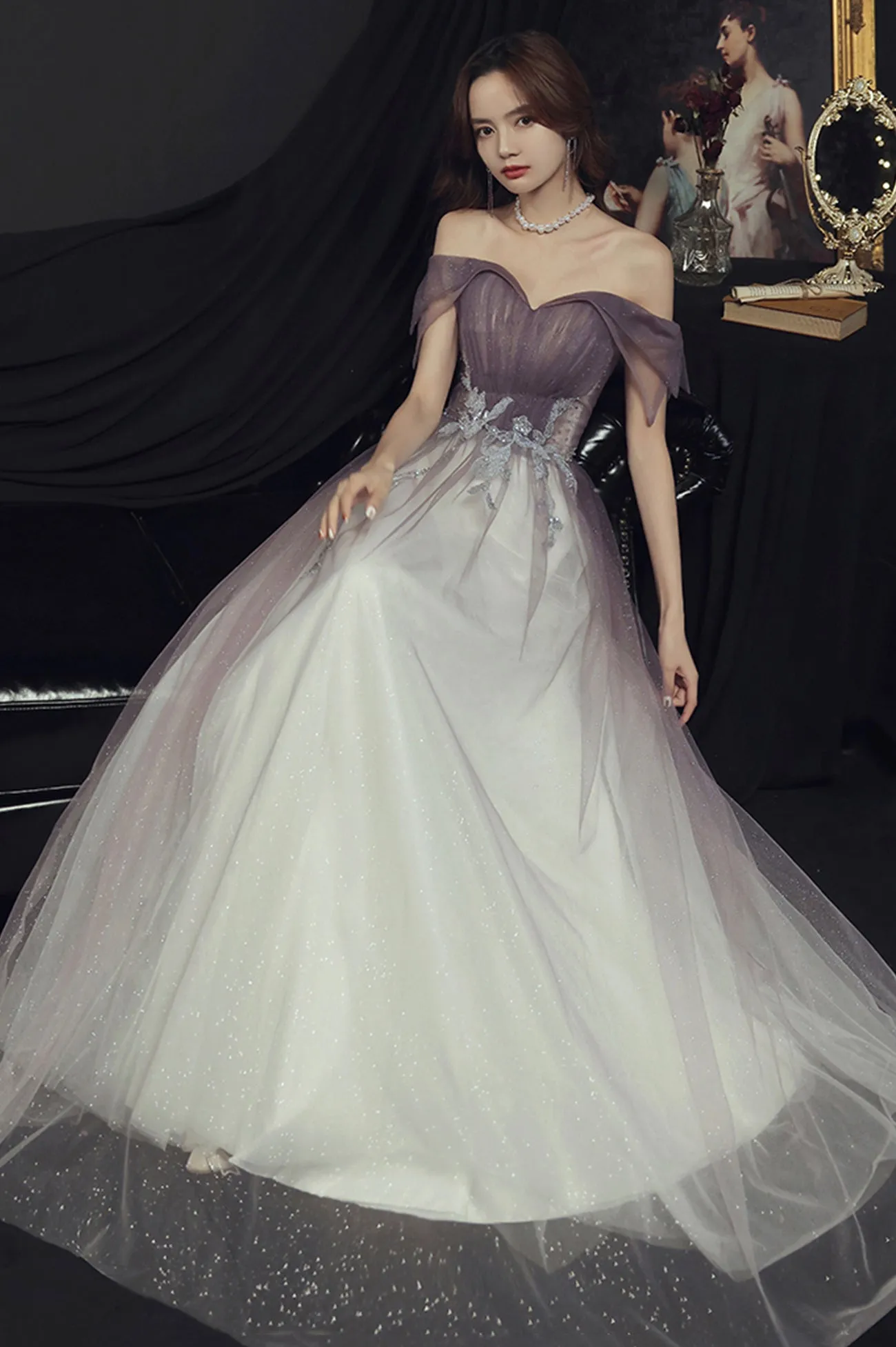 Purple Tulle Long A-Line Prom Dress, Off the Shoulder Evening Graduation Dress