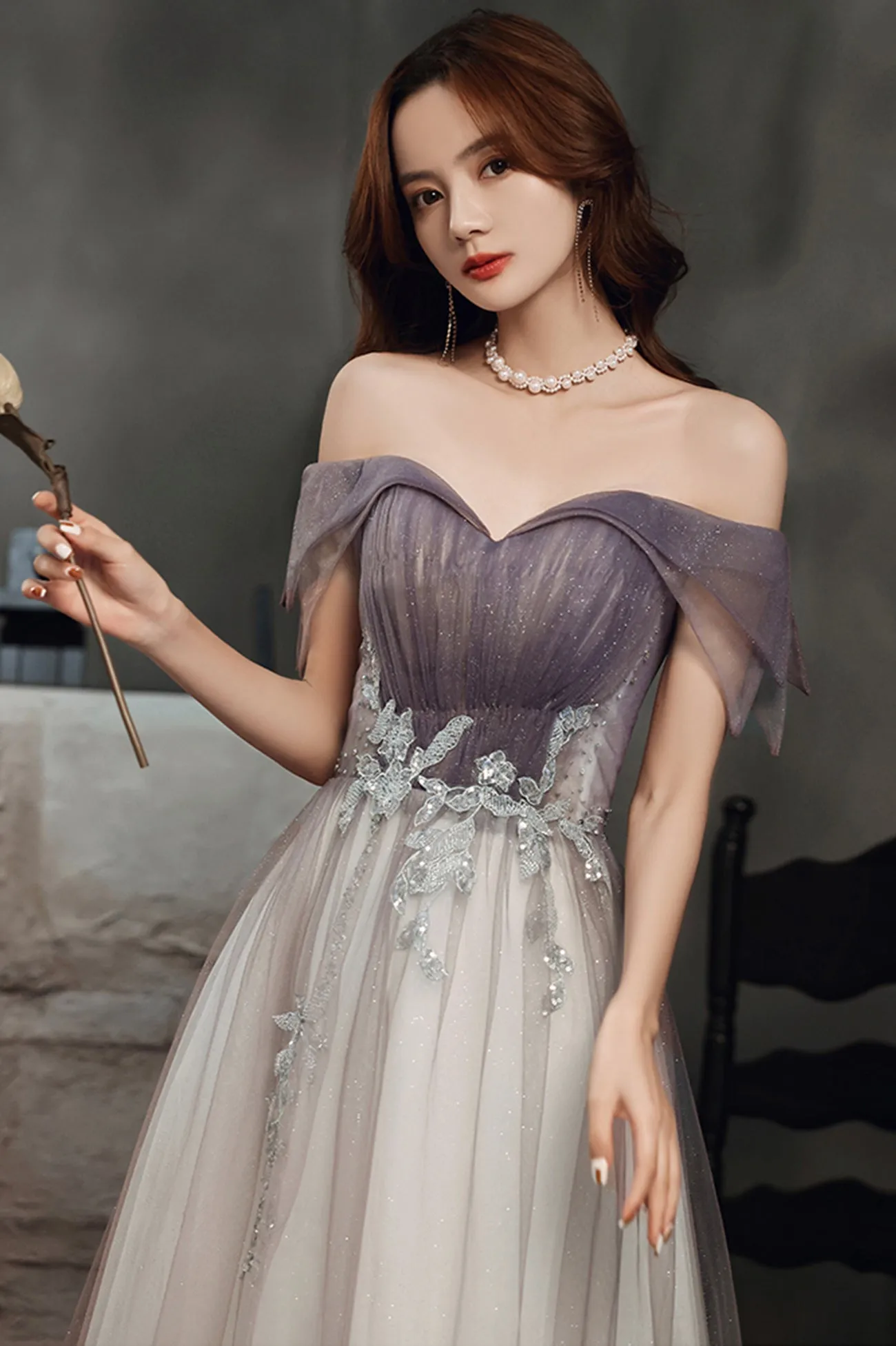 Purple Tulle Long A-Line Prom Dress, Off the Shoulder Evening Graduation Dress