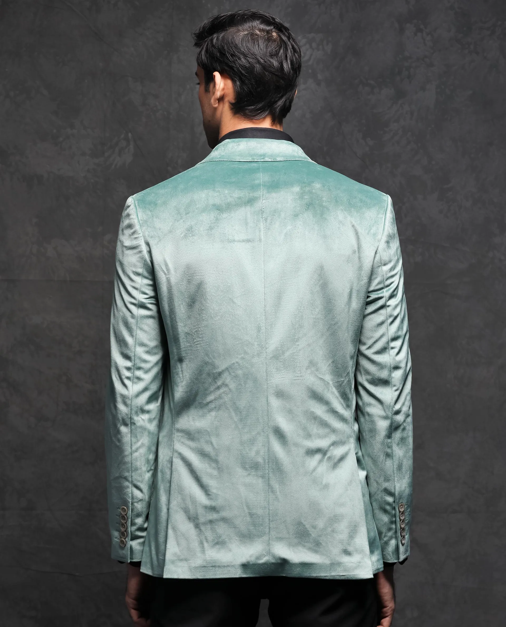 Rare Rabbit Men's Mazey Green Polyester Fabric Peak Lapel Single Breasted Tailored Fit Velvet Blazer