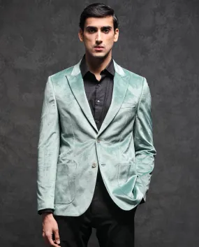 Rare Rabbit Men's Mazey Green Polyester Fabric Peak Lapel Single Breasted Tailored Fit Velvet Blazer