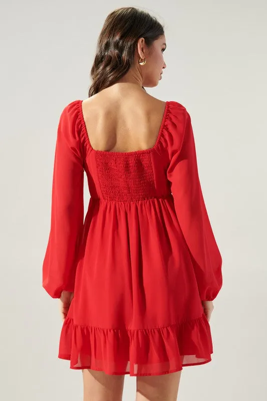 Red Babydoll L/S Pleated Bodice Dress