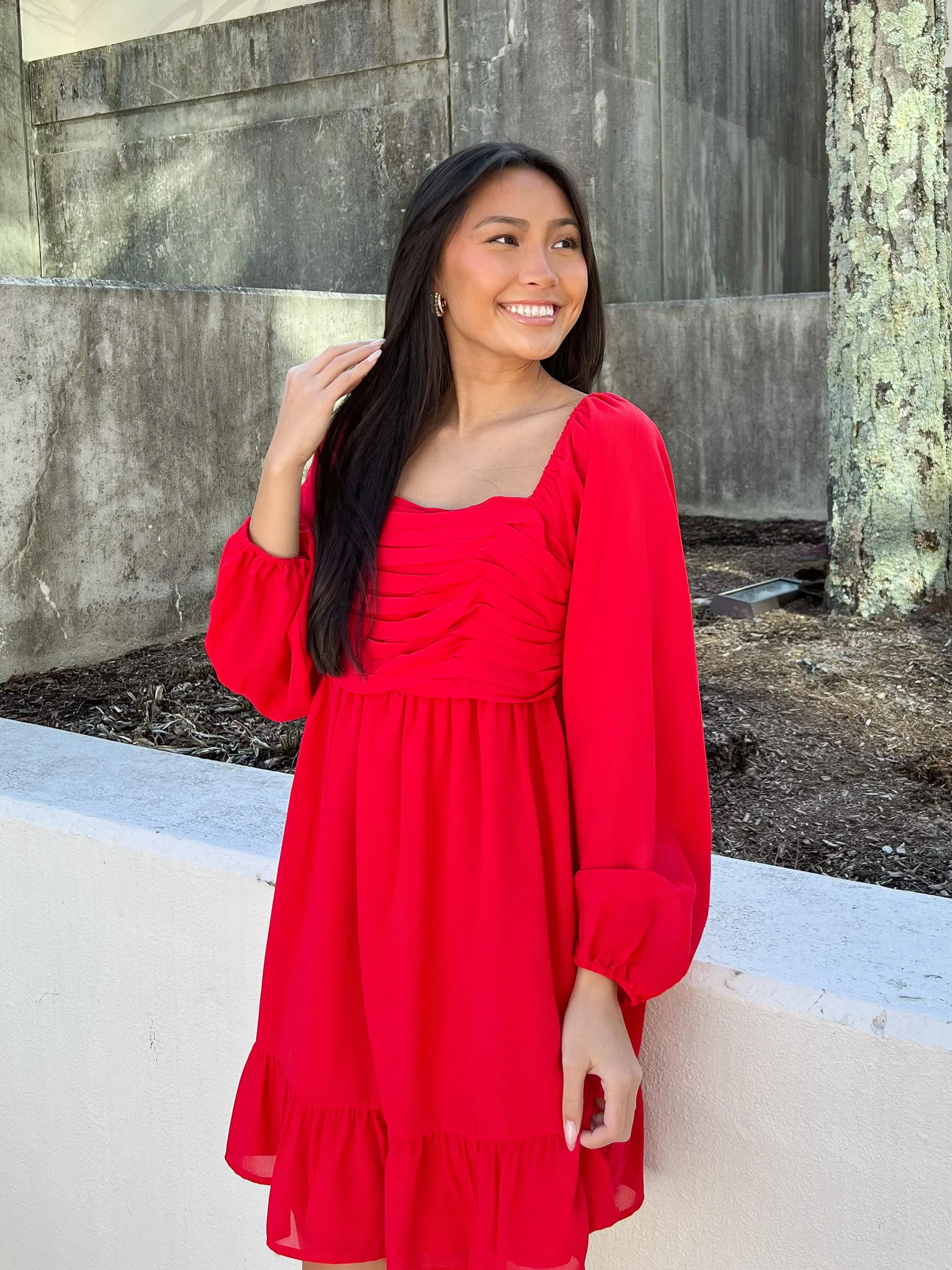 Red Babydoll L/S Pleated Bodice Dress
