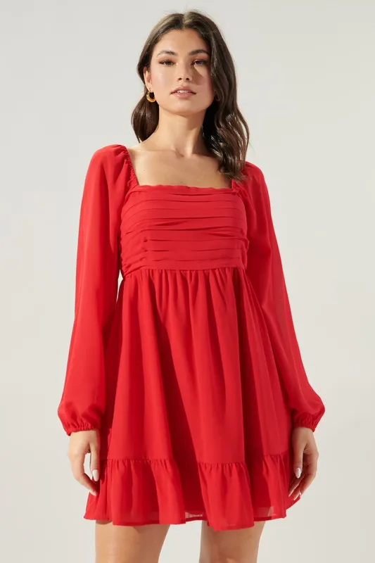 Red Babydoll L/S Pleated Bodice Dress