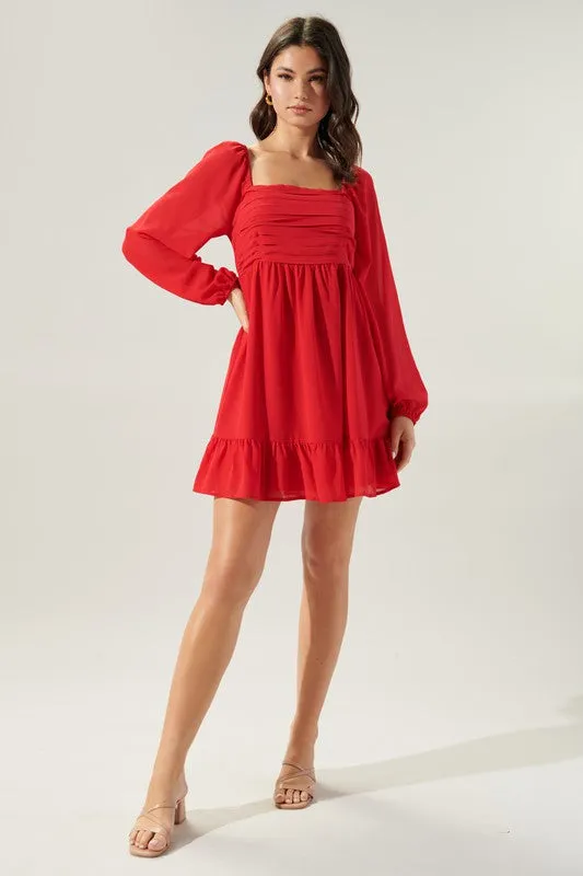 Red Babydoll L/S Pleated Bodice Dress
