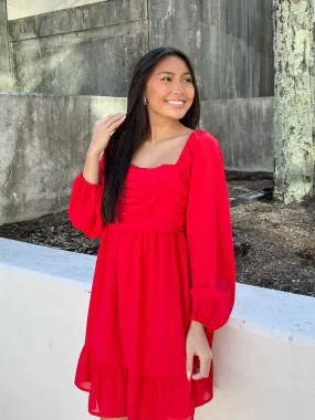 Red Babydoll L/S Pleated Bodice Dress