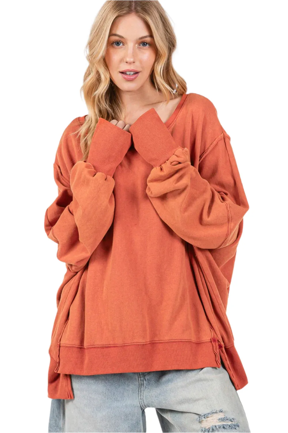SAGE   FIG Mineral Wash Side Slit Oversized Sweatshirt
