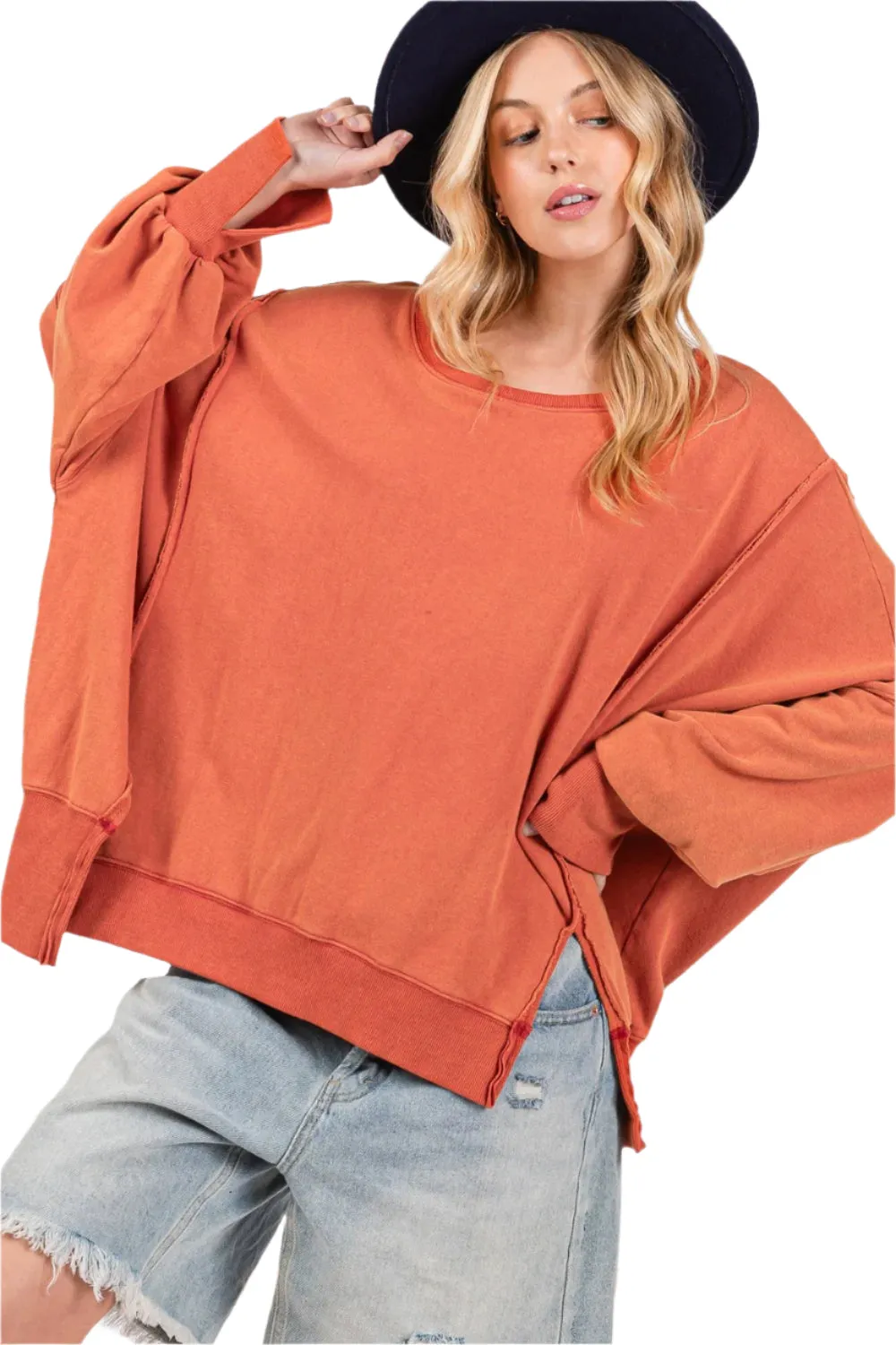 SAGE   FIG Mineral Wash Side Slit Oversized Sweatshirt