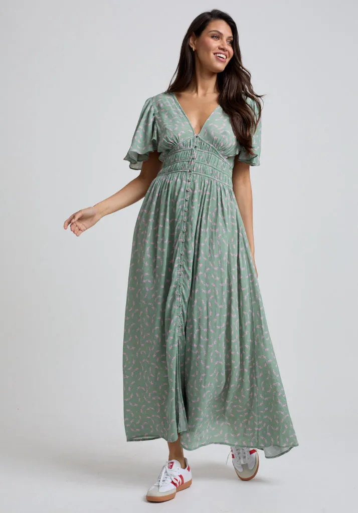 Savannah Flutter Sleeve Dove Print Midi Dress In Green