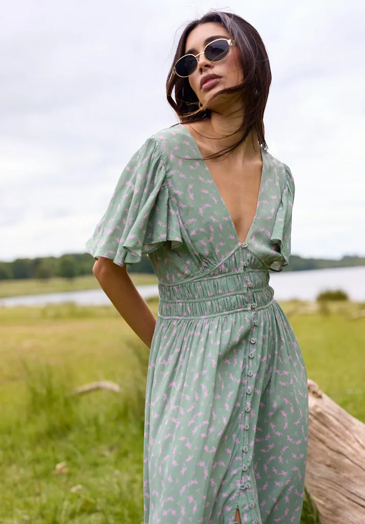 Savannah Flutter Sleeve Dove Print Midi Dress In Green