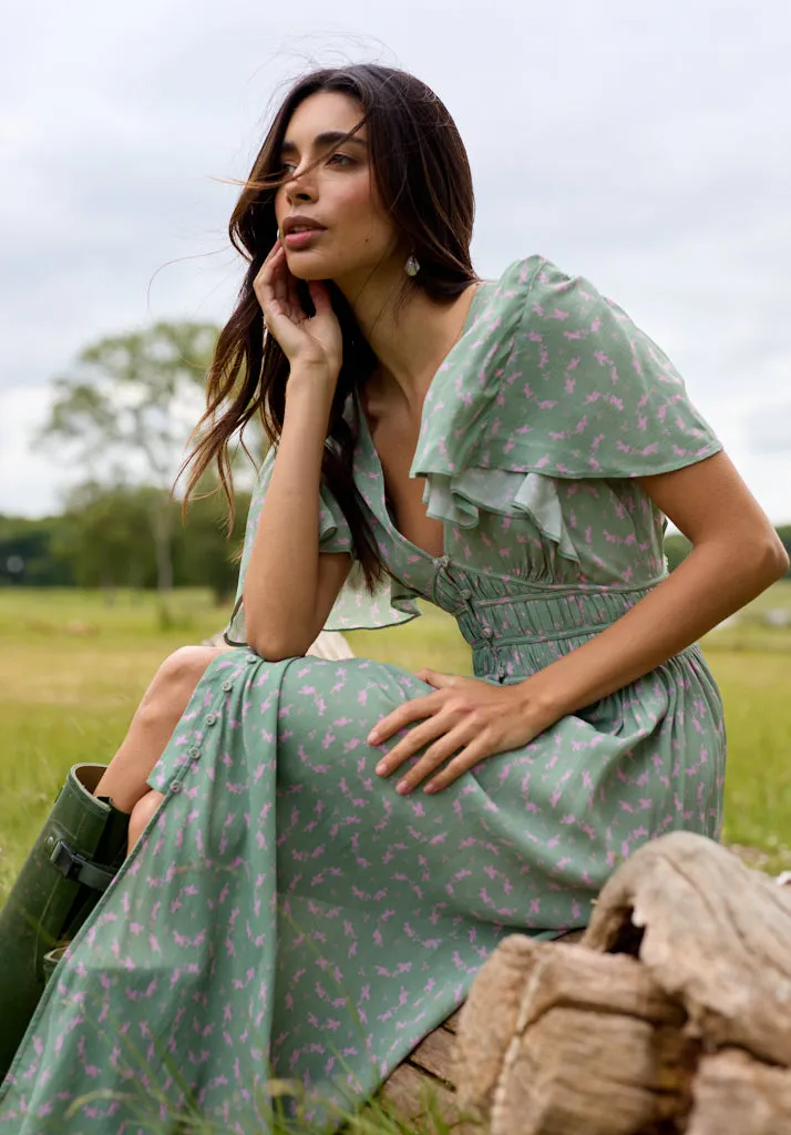 Savannah Flutter Sleeve Dove Print Midi Dress In Green