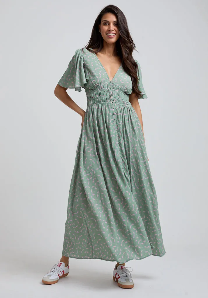 Savannah Flutter Sleeve Dove Print Midi Dress In Green