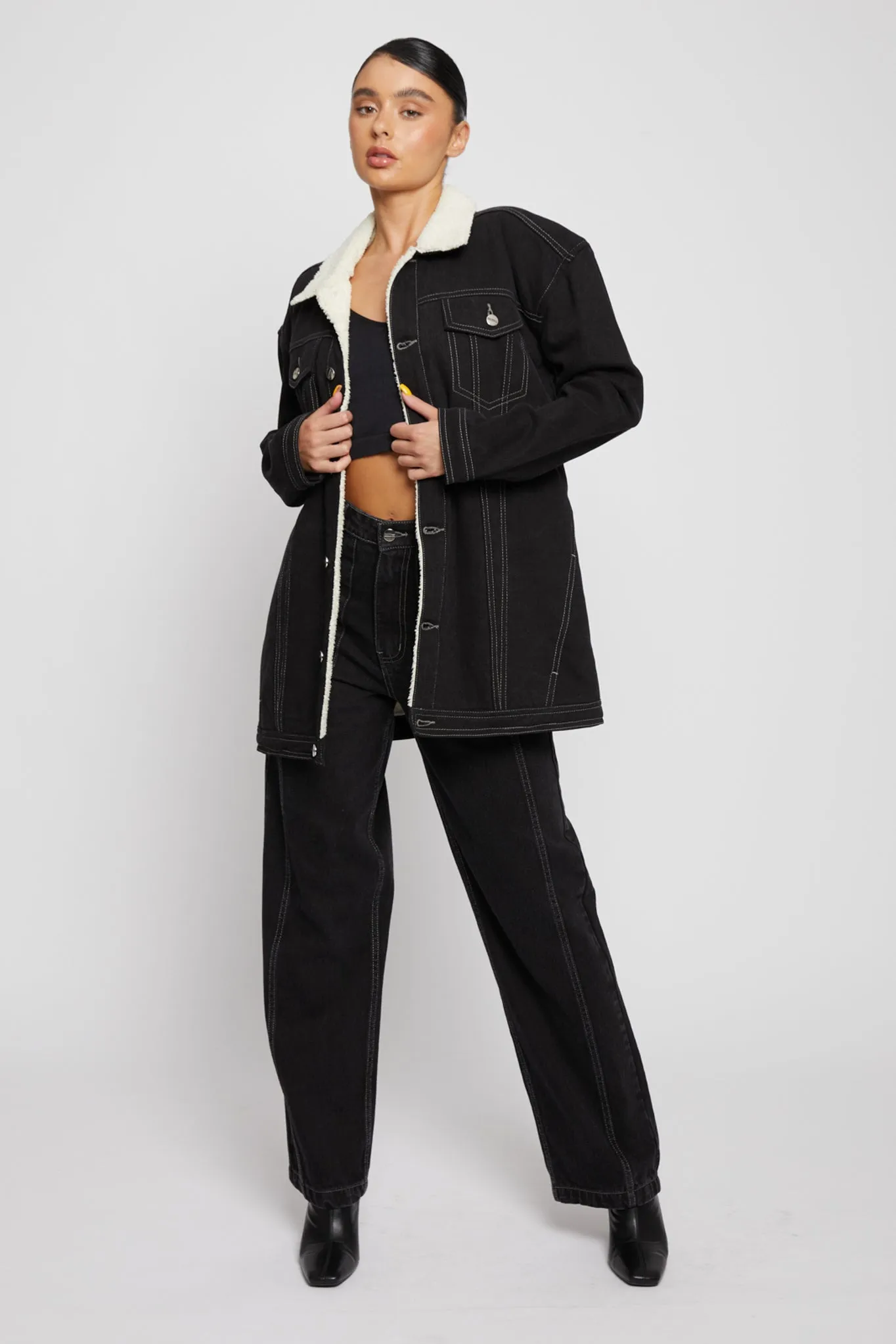 SHERPA DENIM JACKET - BLACK