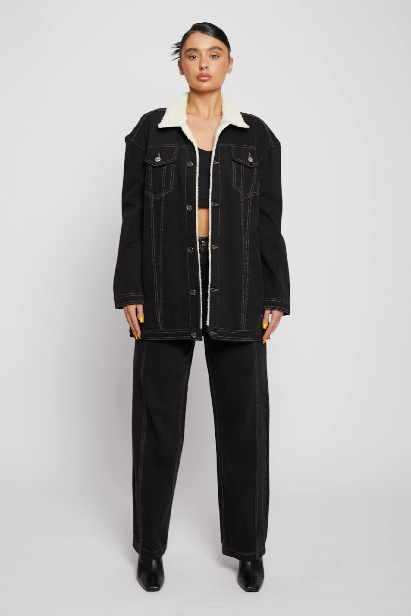 SHERPA DENIM JACKET - BLACK