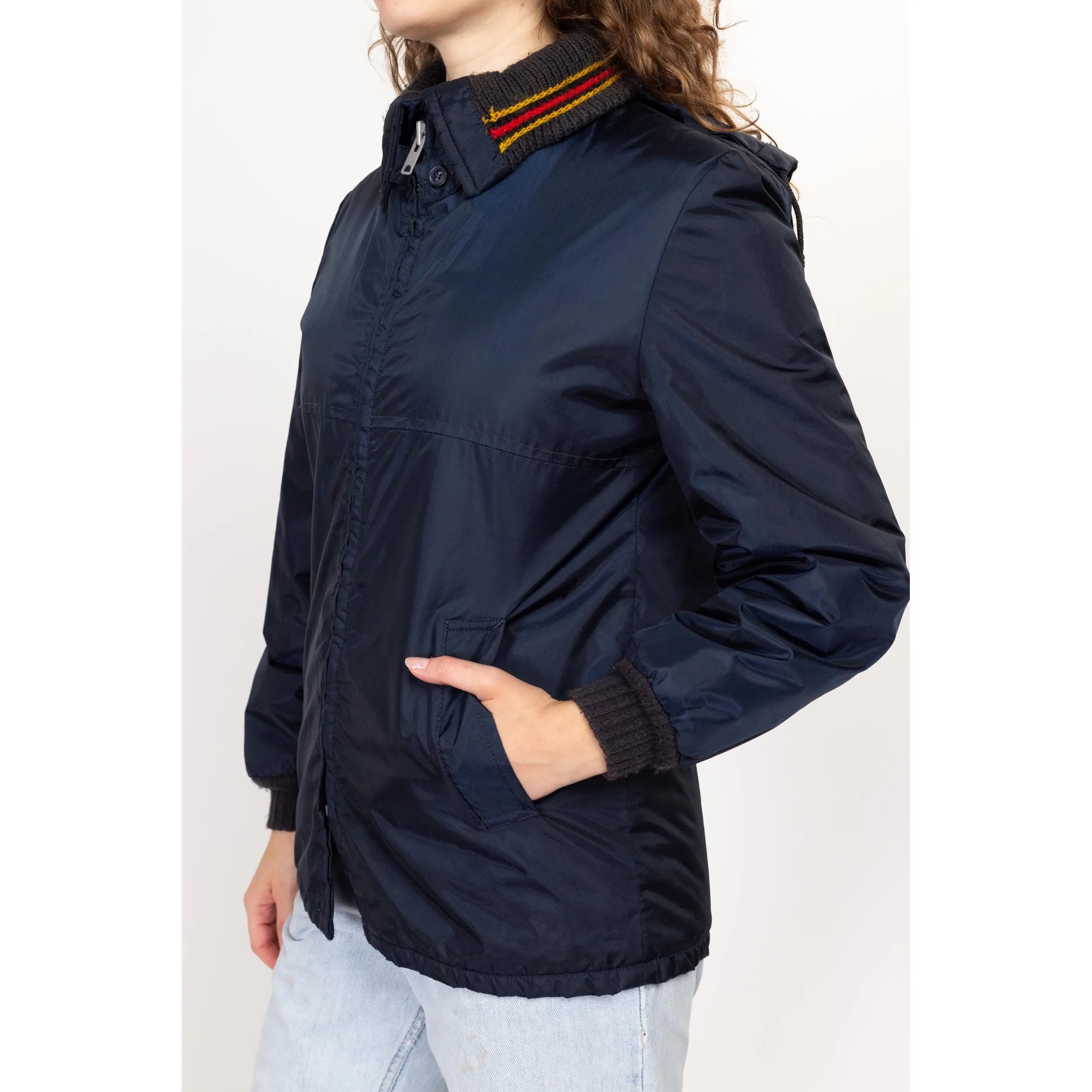 Small 70s Navy Blue Plush Lined Ringer Jacket