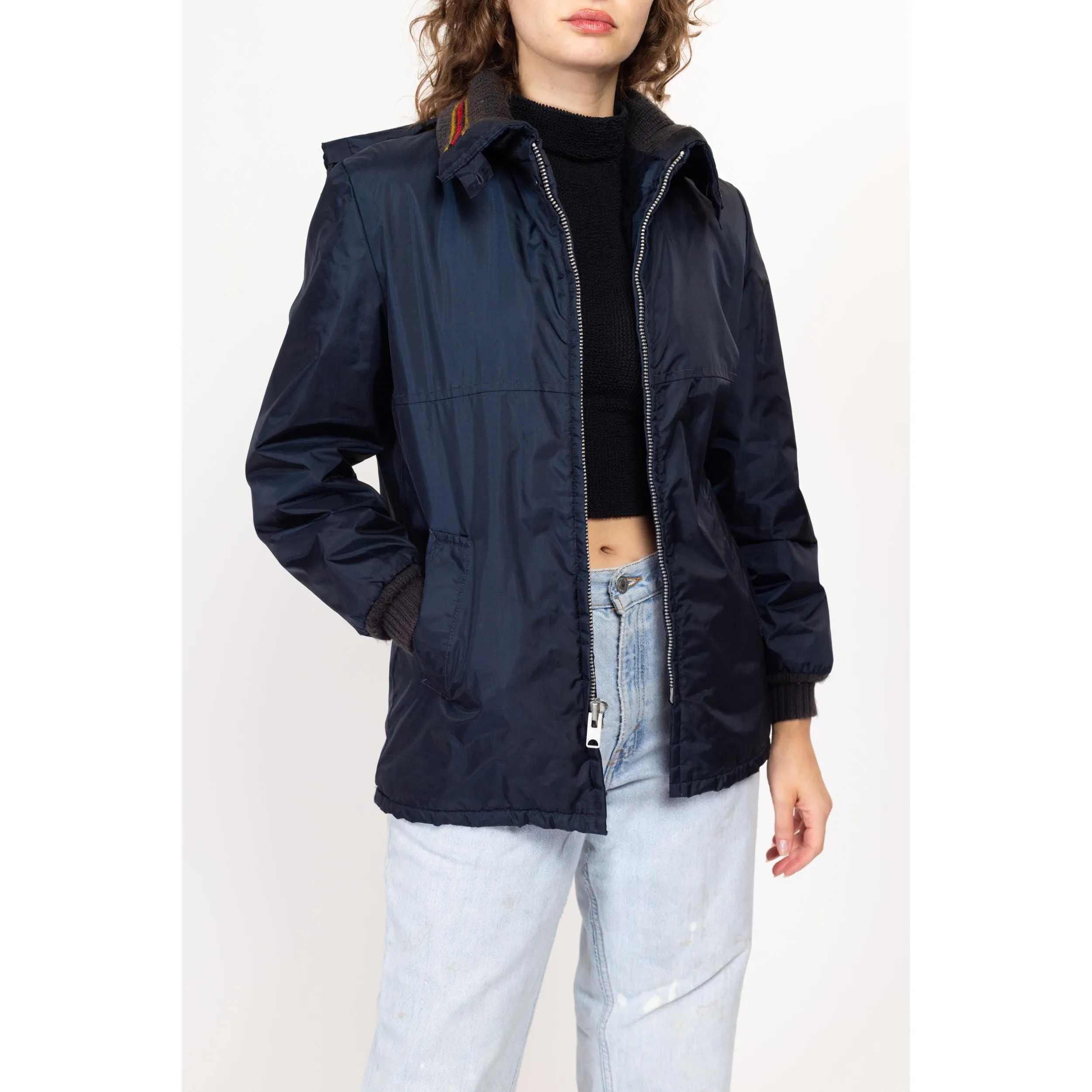 Small 70s Navy Blue Plush Lined Ringer Jacket