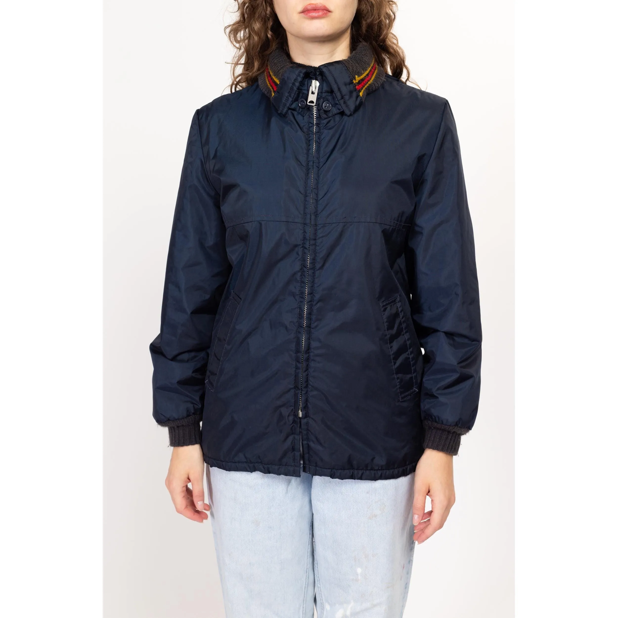 Small 70s Navy Blue Plush Lined Ringer Jacket