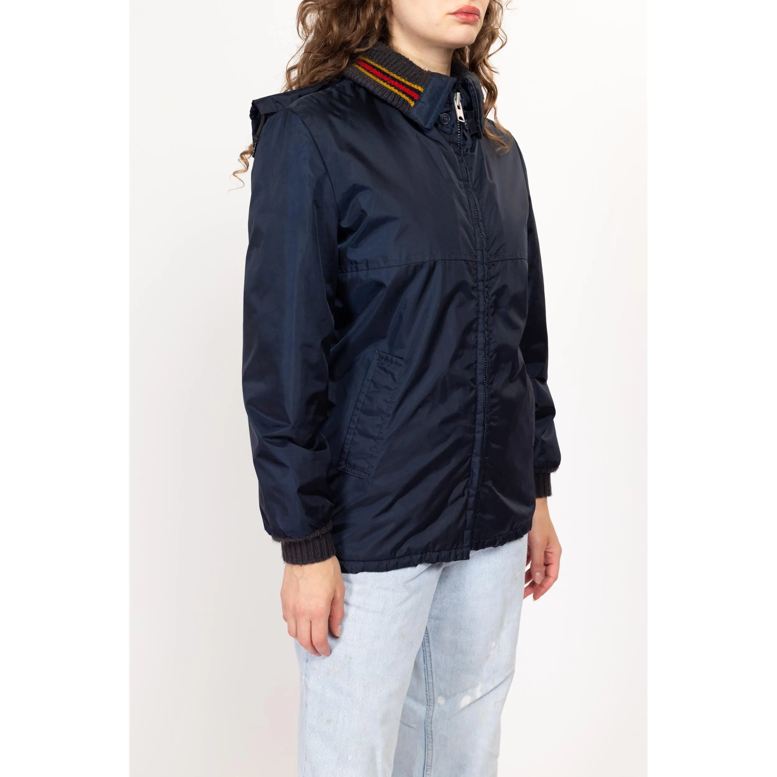 Small 70s Navy Blue Plush Lined Ringer Jacket