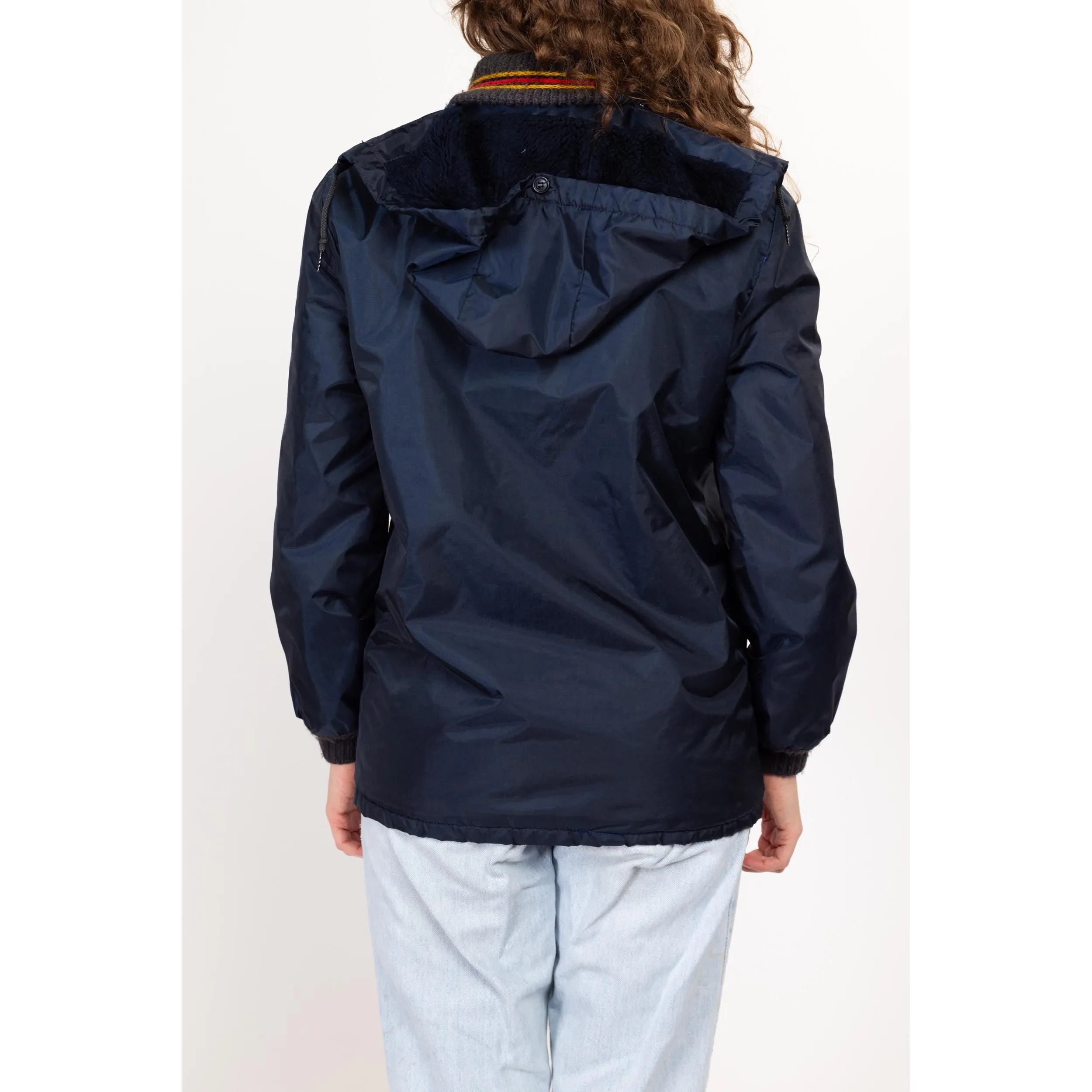 Small 70s Navy Blue Plush Lined Ringer Jacket
