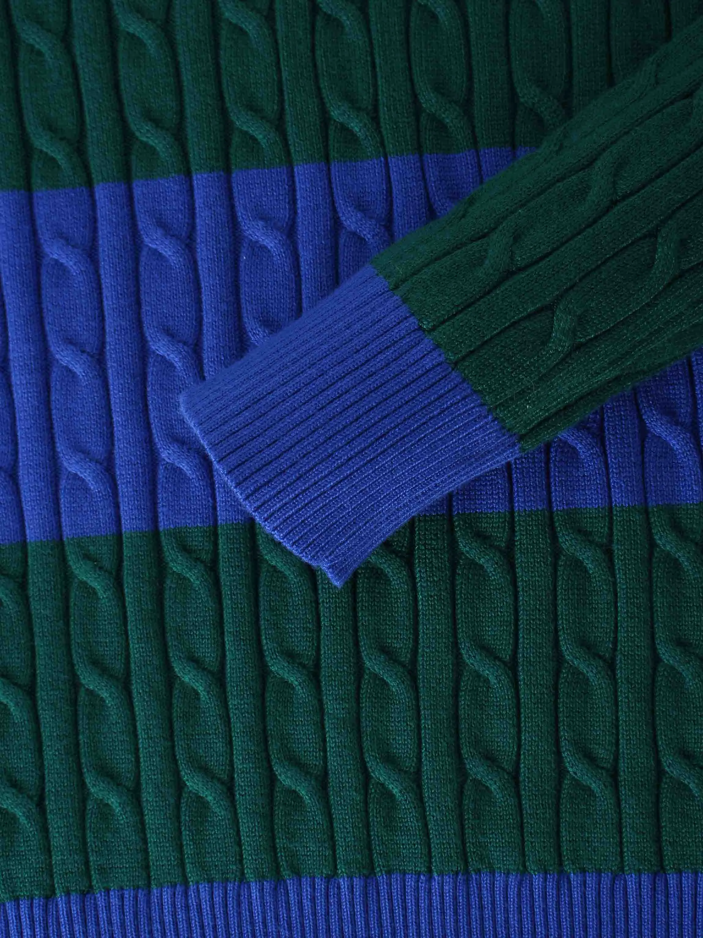 Striped Cable Sweater-Cobalt Blue/Hunter Green
