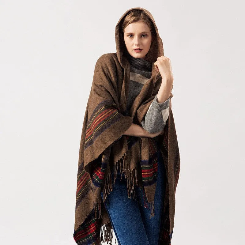 STRIPED PRINTED CASHMERE HOODED SHAWL