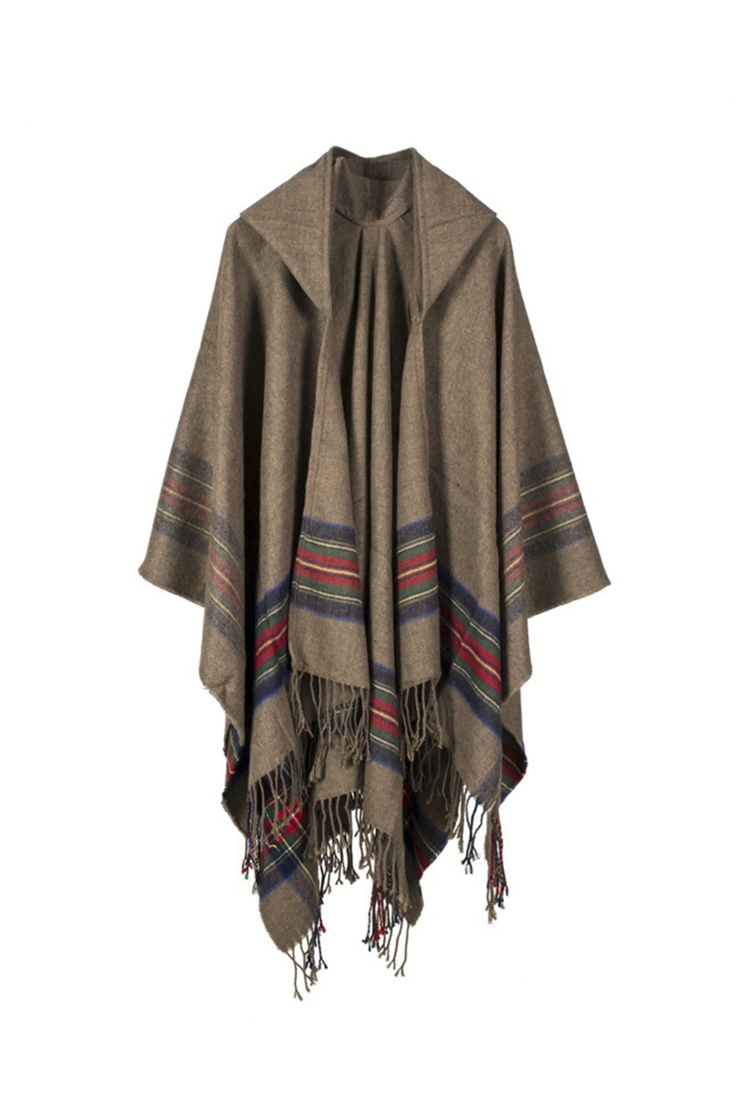 STRIPED PRINTED CASHMERE HOODED SHAWL