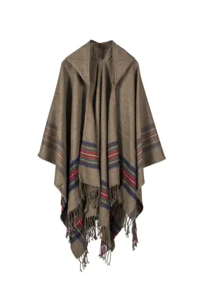 STRIPED PRINTED CASHMERE HOODED SHAWL