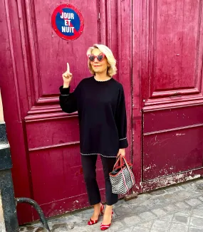 THOMSON SCALLOP EDGE ROUND-NECK LONG SLEEVE TUNIC SWEATER - Black