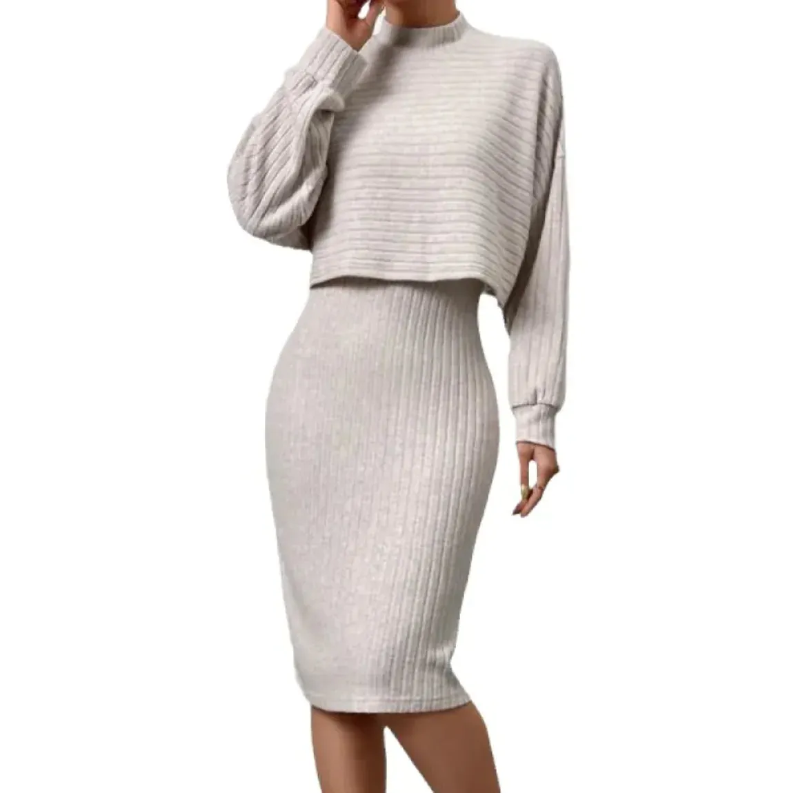 Two Piece Striped Knit Top and Dress Set