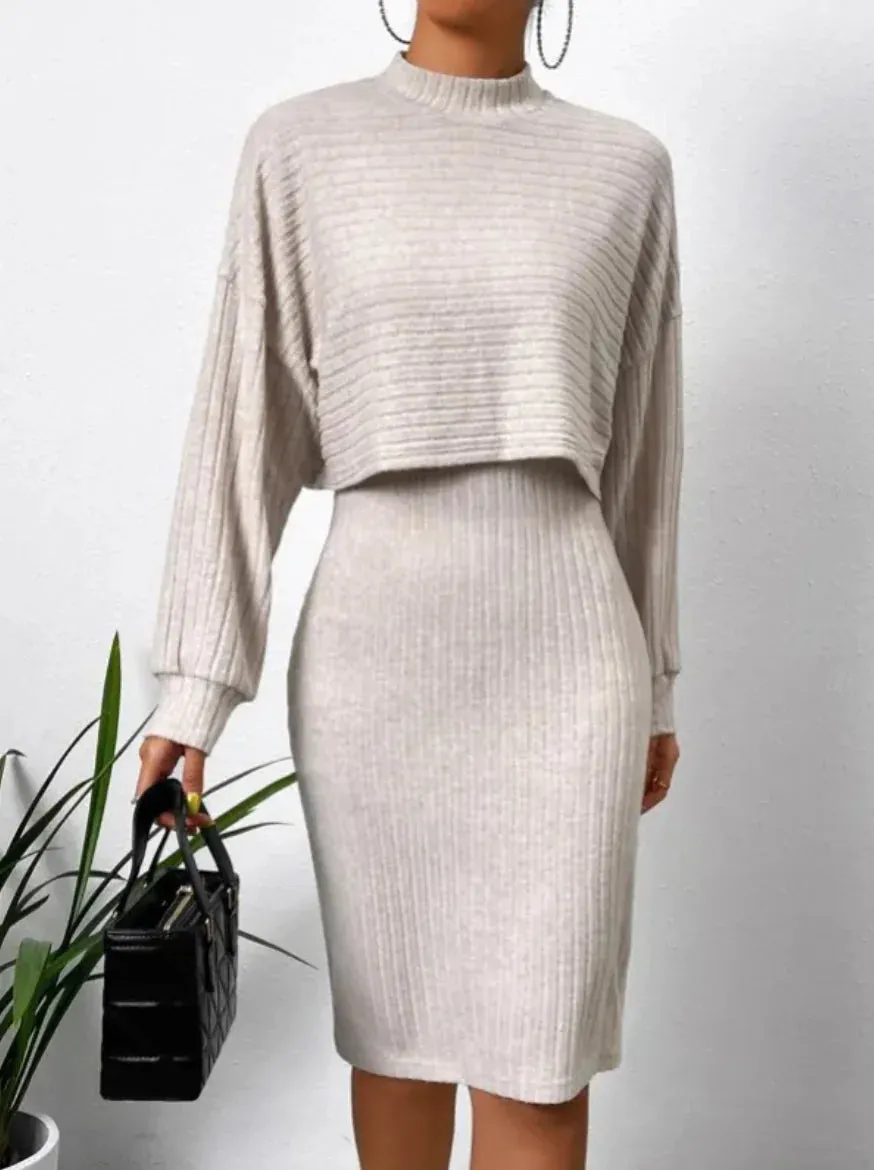 Two Piece Striped Knit Top and Dress Set