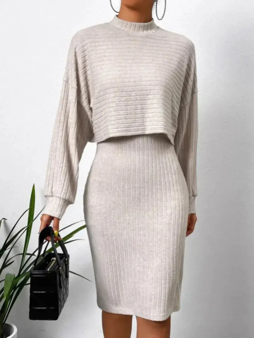 Two Piece Striped Knit Top and Dress Set