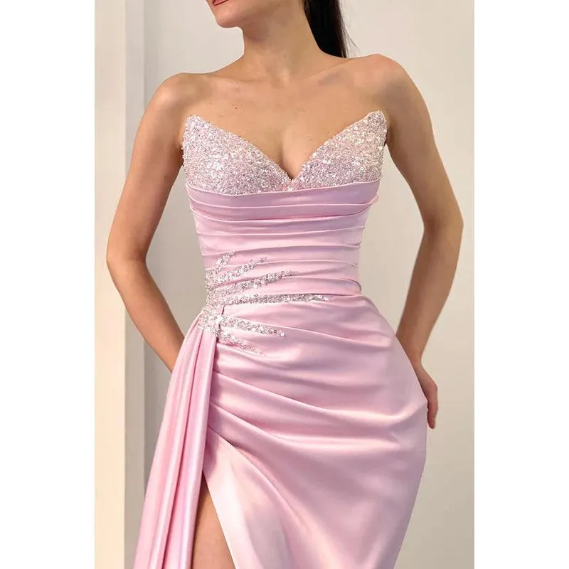 V-Neck Strapless Sequined Beaded Ruched Sheath Long Evening Gown