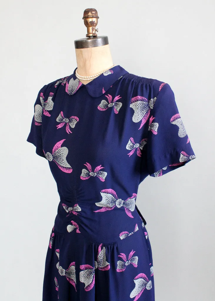 Vintage 1940s Pink Bows Novelty Print Rayon Dress
