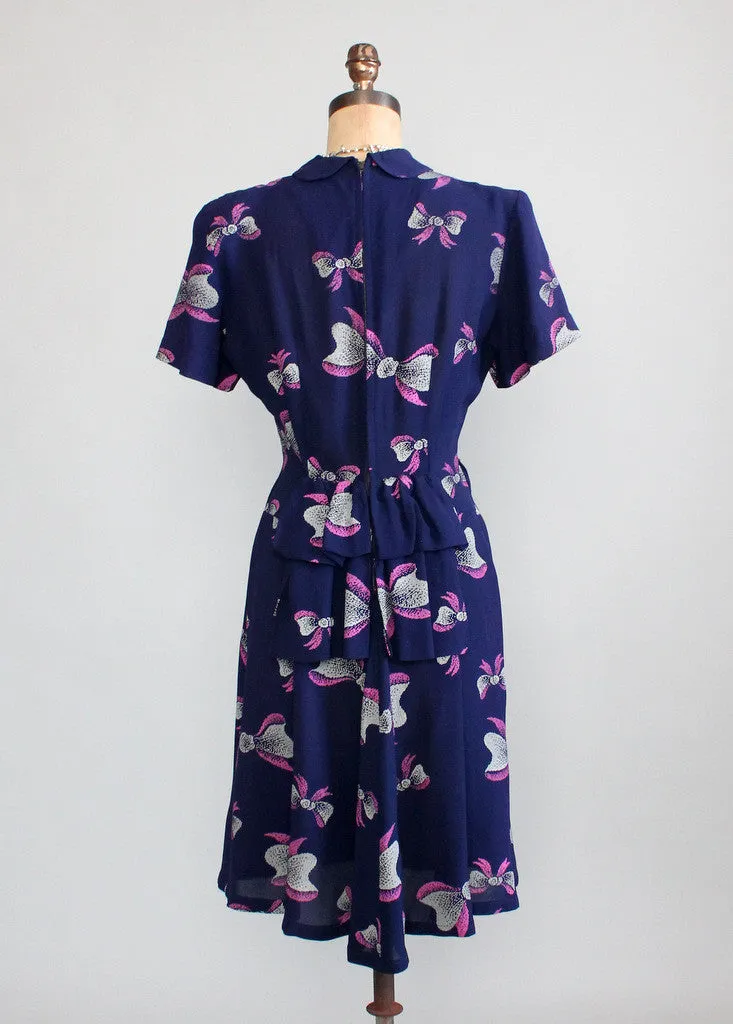 Vintage 1940s Pink Bows Novelty Print Rayon Dress
