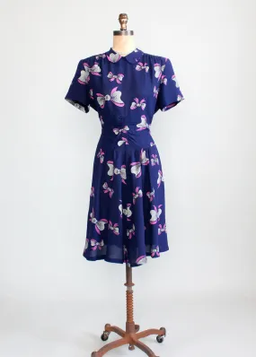 Vintage 1940s Pink Bows Novelty Print Rayon Dress