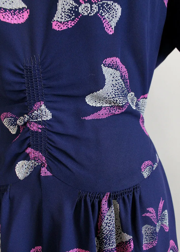 Vintage 1940s Pink Bows Novelty Print Rayon Dress