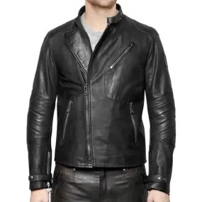 Vintage Black Leather Biker Jacket for Men