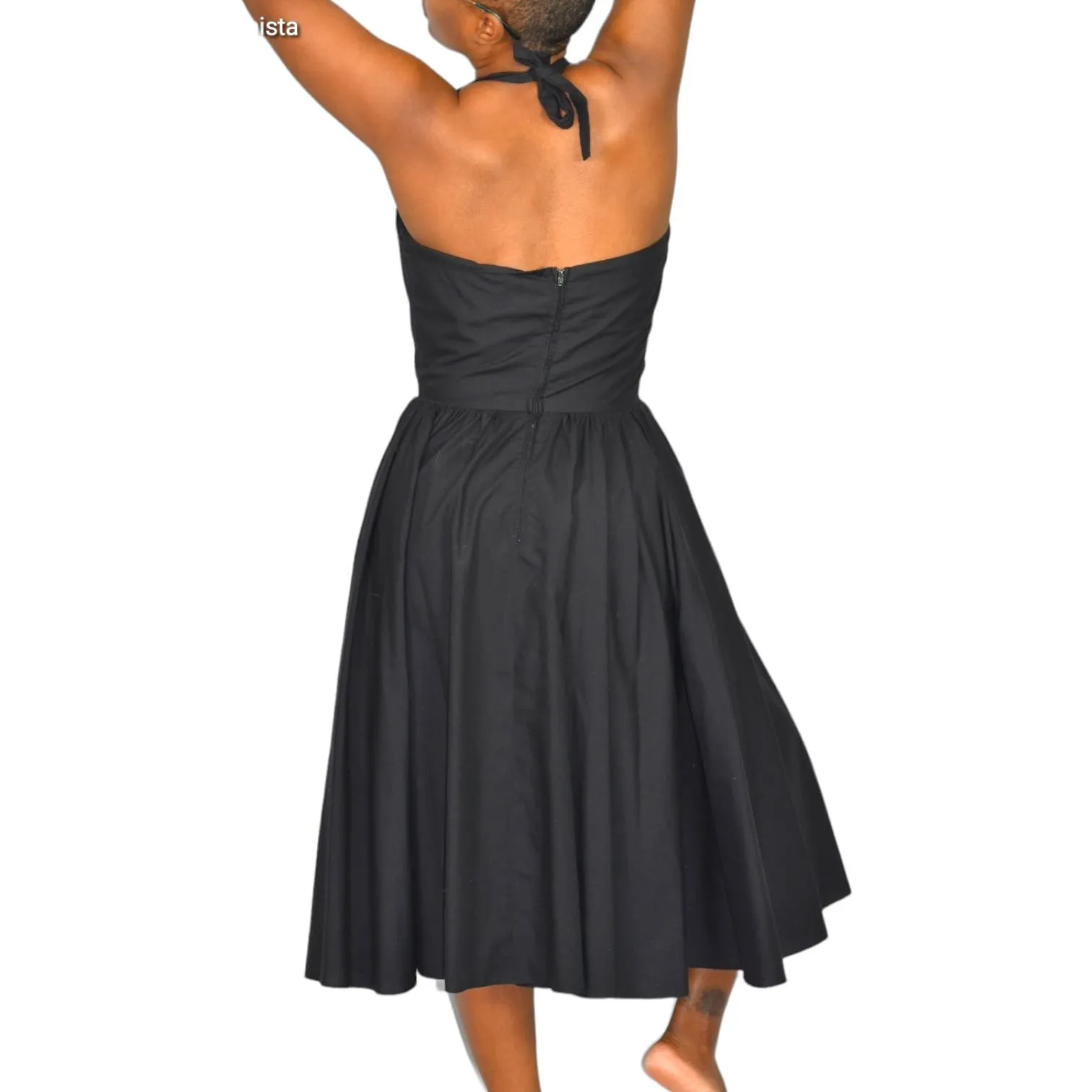 Vintage O'Susanna Black Midi Dress Cotton Halter Sweetheart Full Skirt 80s Size Medium 8