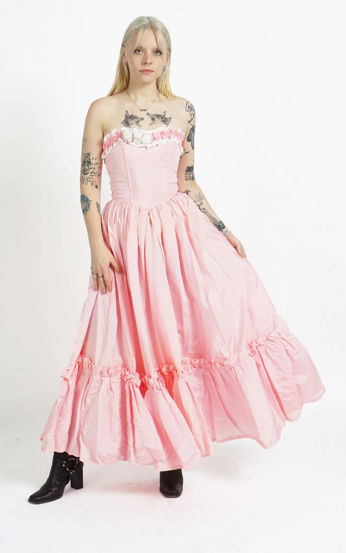 VINTAGE Victorian Pink Ruffled Open Shoulders Babydoll Maxi Dress
