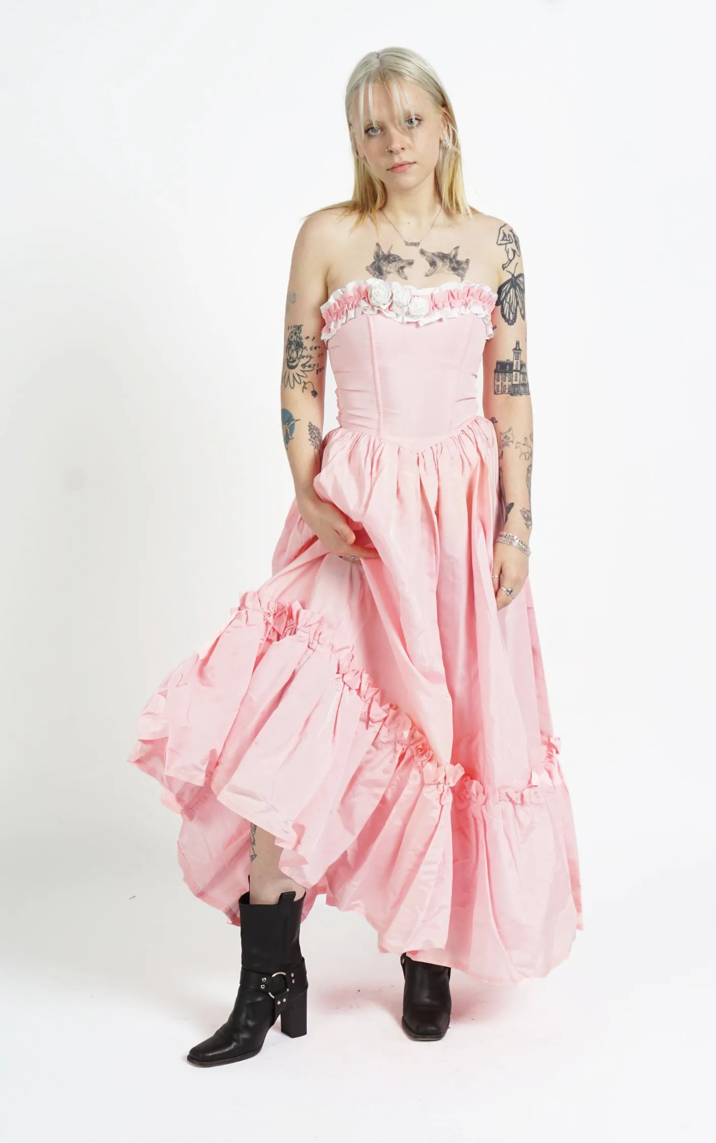 VINTAGE Victorian Pink Ruffled Open Shoulders Babydoll Maxi Dress