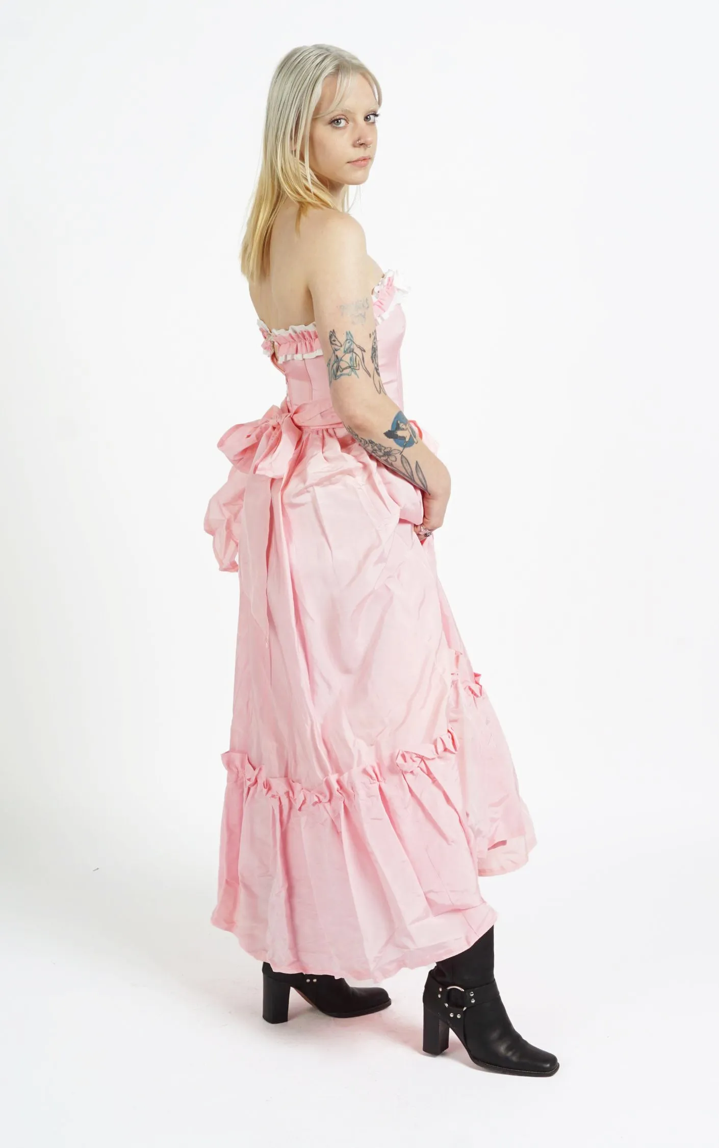 VINTAGE Victorian Pink Ruffled Open Shoulders Babydoll Maxi Dress