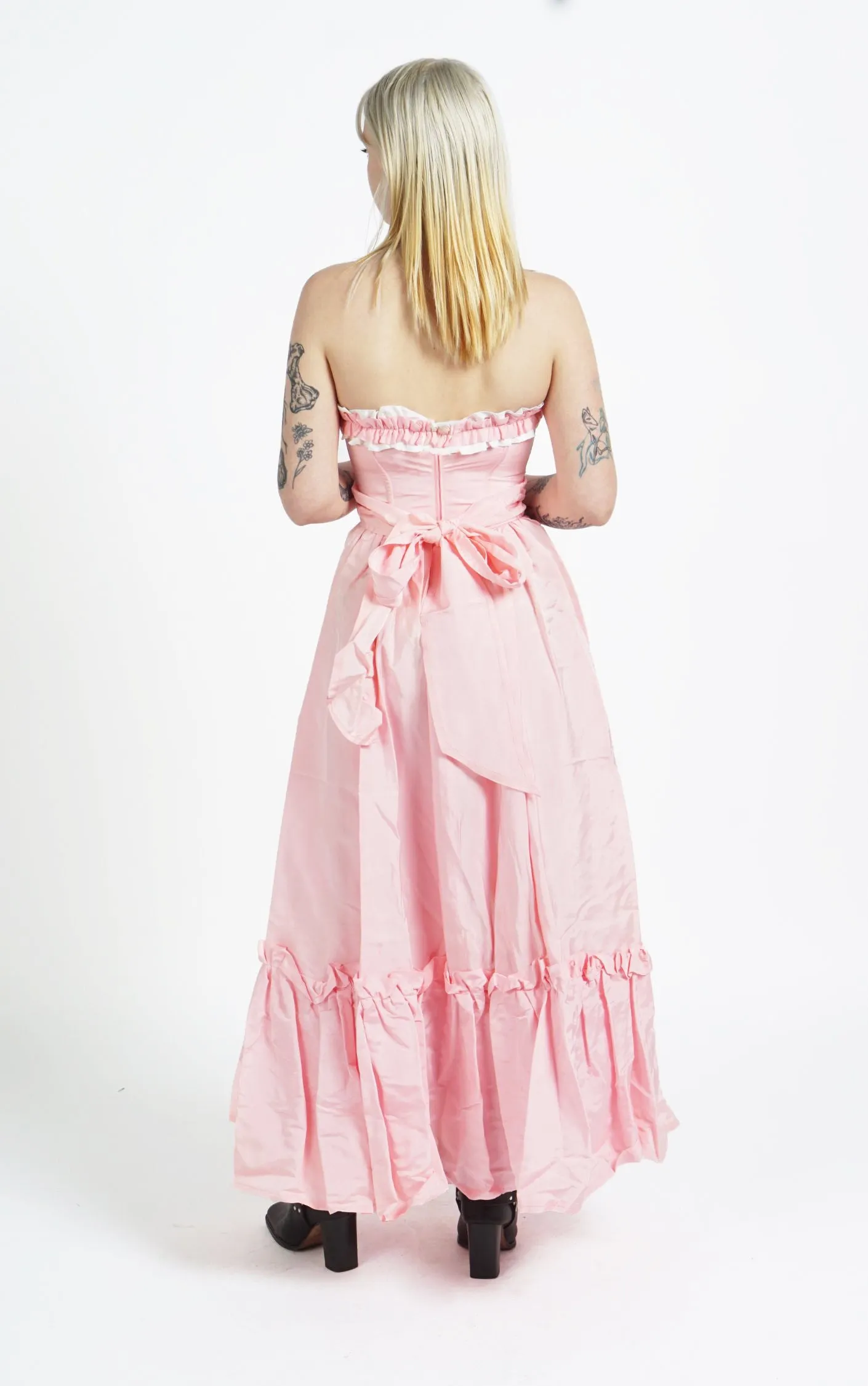 VINTAGE Victorian Pink Ruffled Open Shoulders Babydoll Maxi Dress
